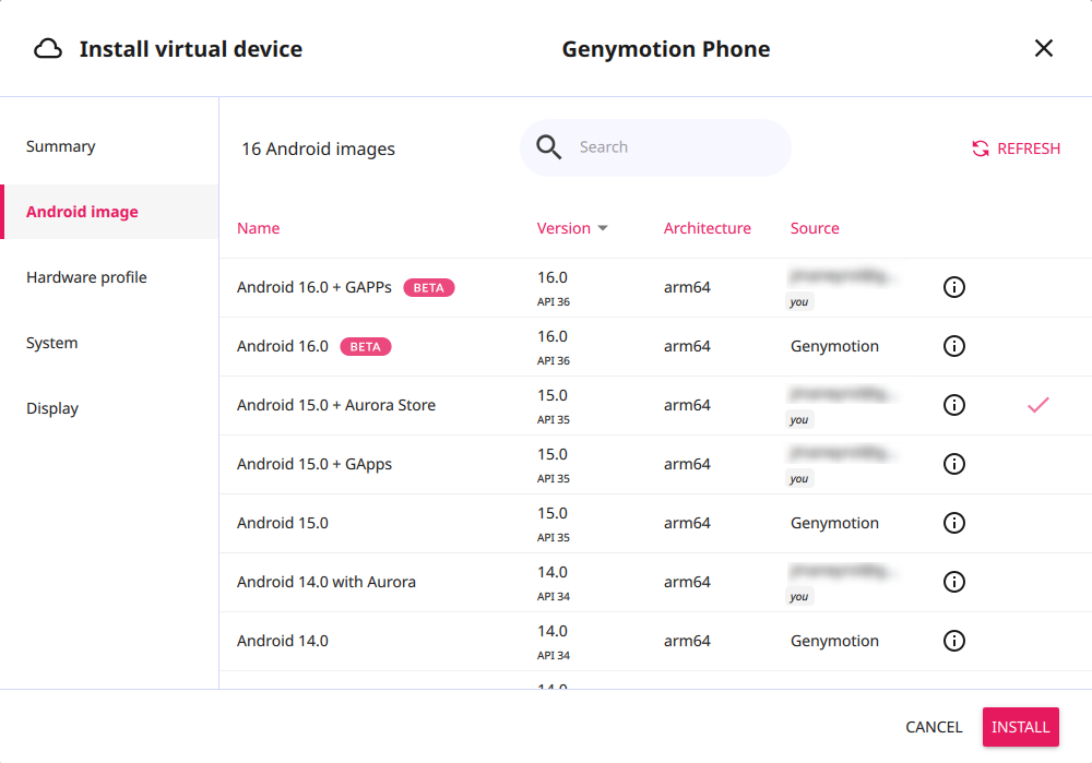Cloud device creation wizard - Android image tab
