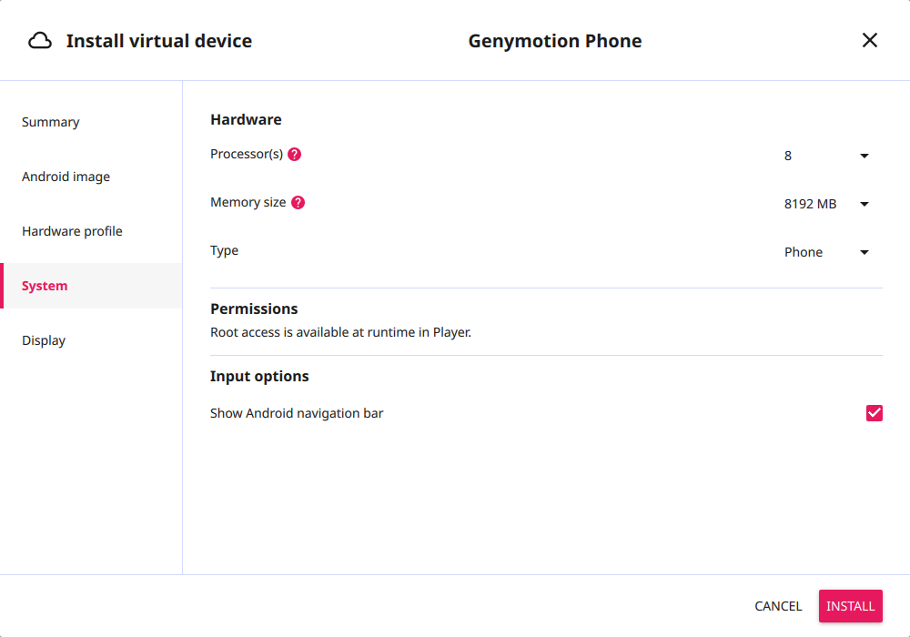 Cloud device creation wizard - System tab