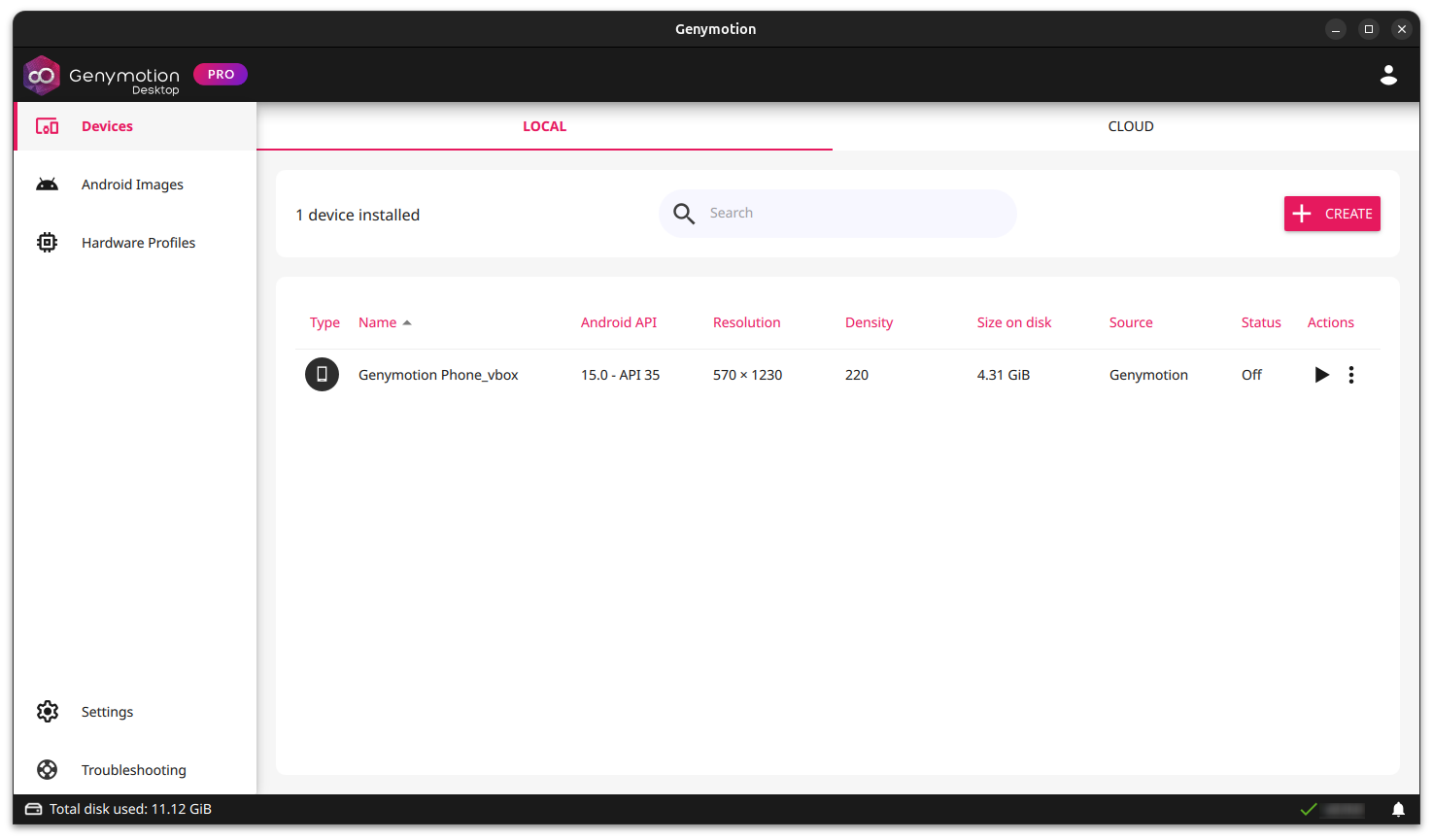 Genymotion local devices dashboard