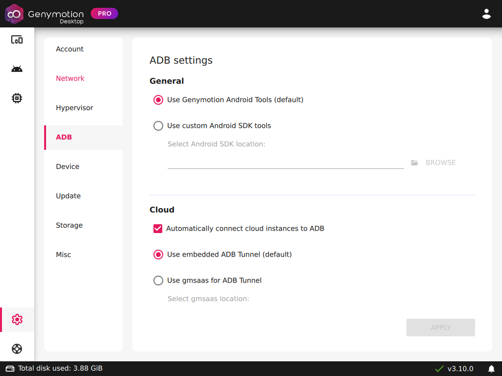 ADB settings tab