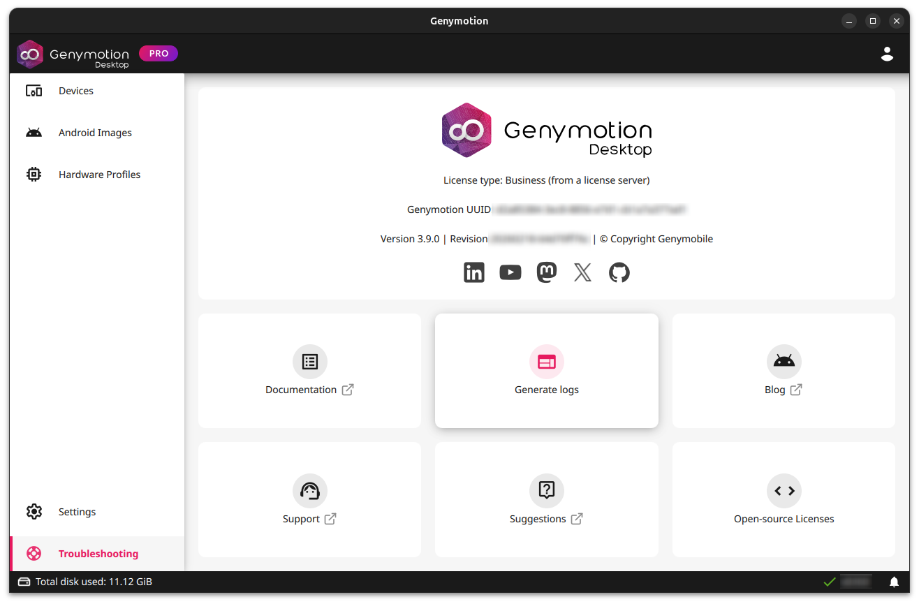 Genymotion troubleshooting panel