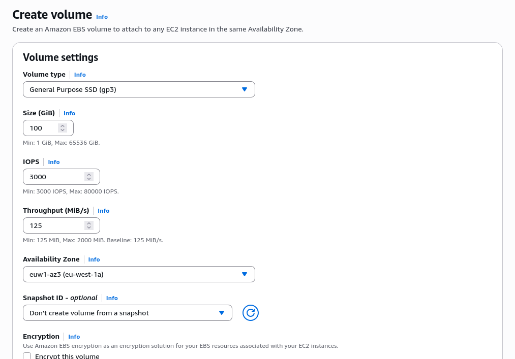 Create a new EBS volume wizard